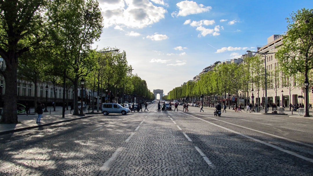 a street with trees and buildings on the side with Champs-Élysées in the background