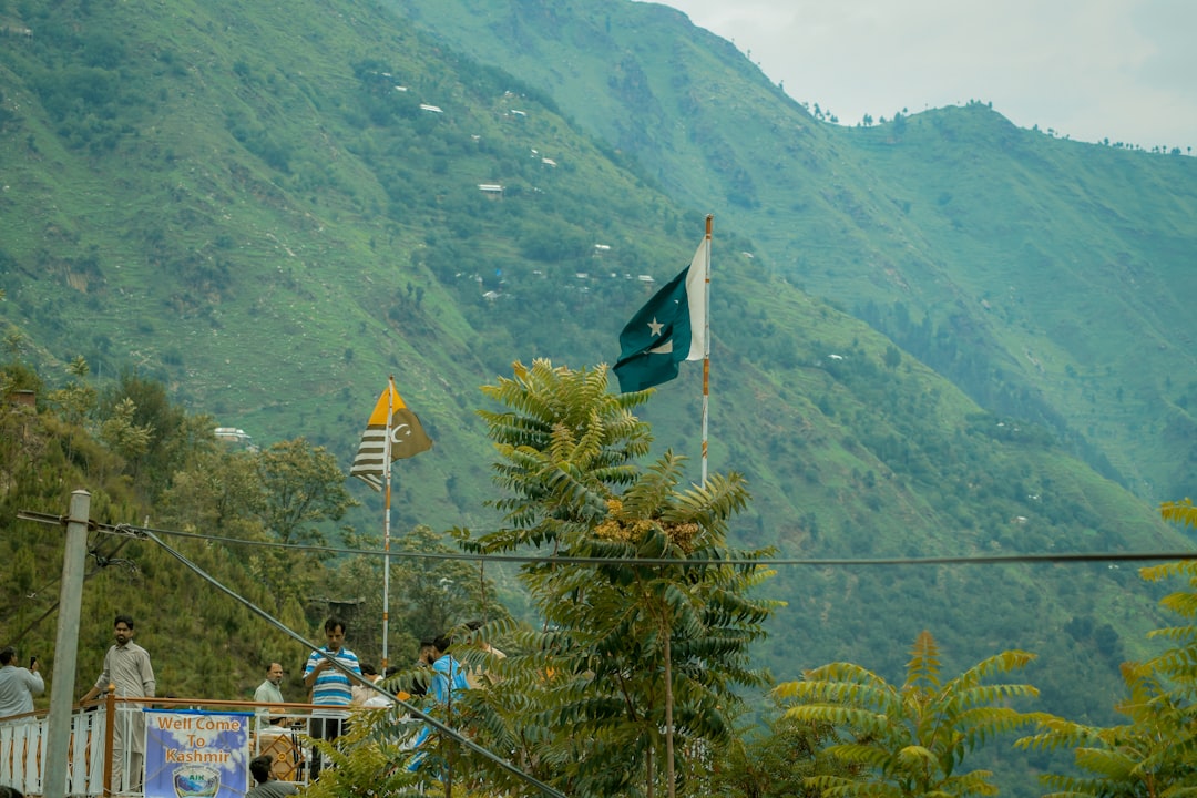 a group of people on a cable car with flags