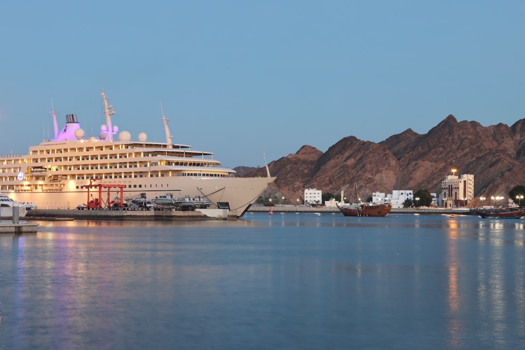a cruise ship docked in a harbor with mountains in the background