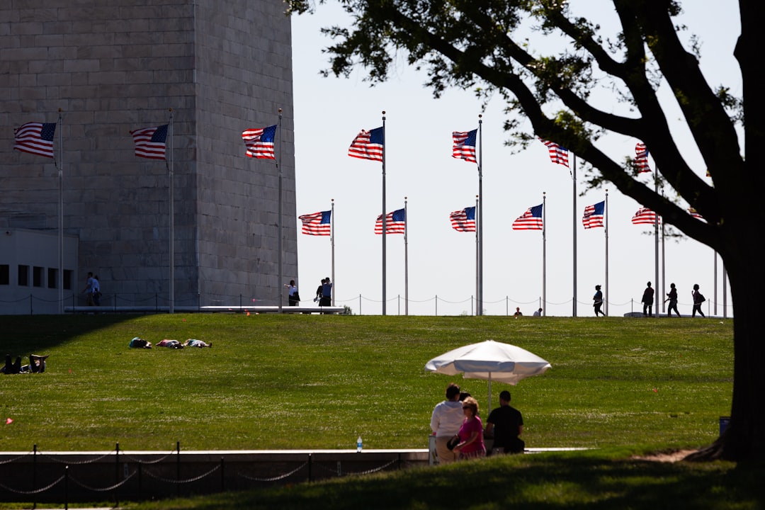 People relax on grass near american flags and washington monument.