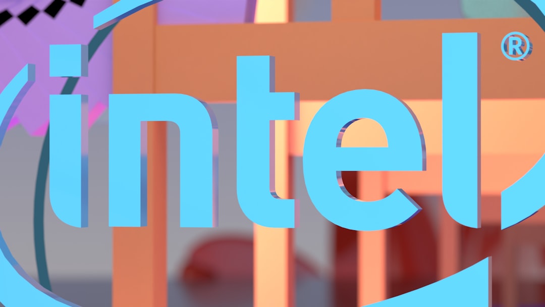 The blue intel logo displayed on a colorful abstract background.
