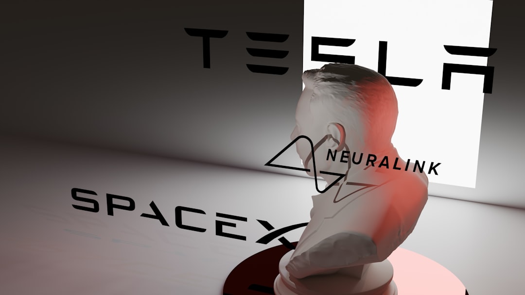 Elon musk bust with neuralink, tesla, and spacex logos.