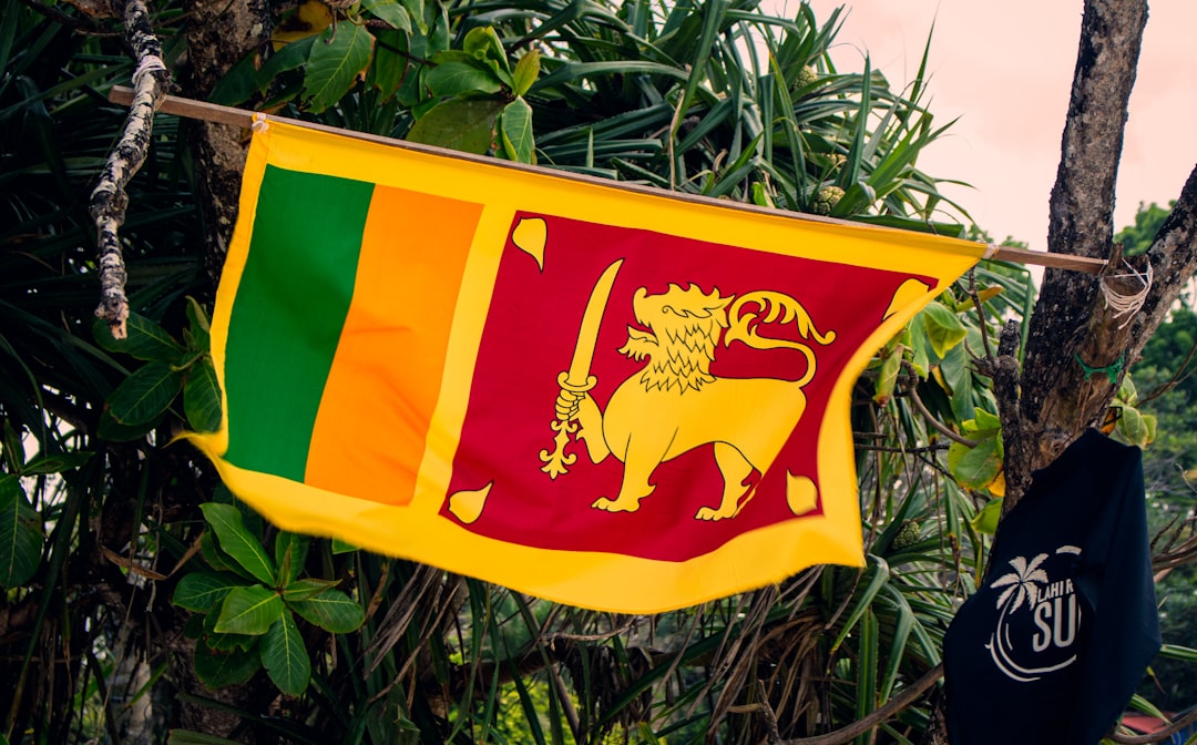 Sri lankan flag waving between two trees