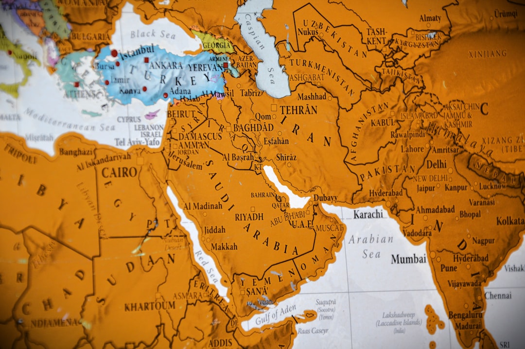 Close-up of a world map showing the middle east.
