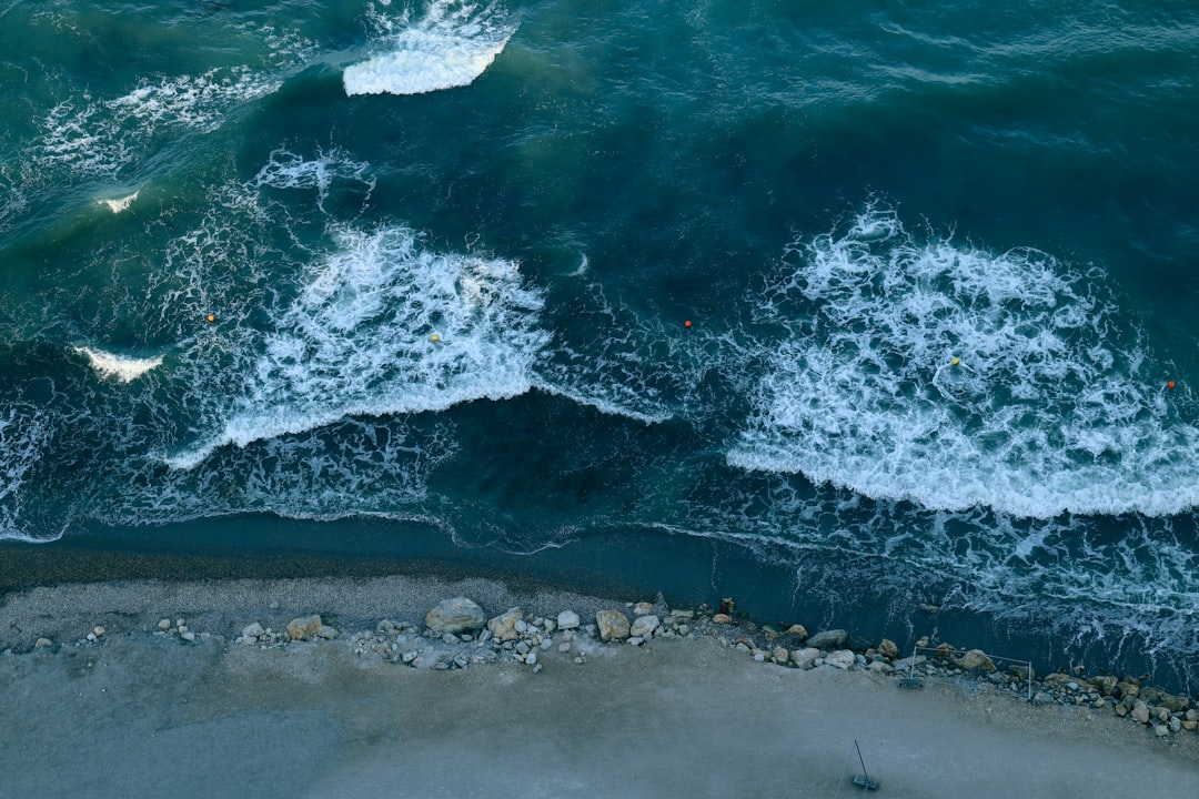 An aerial view of a beach and ocean