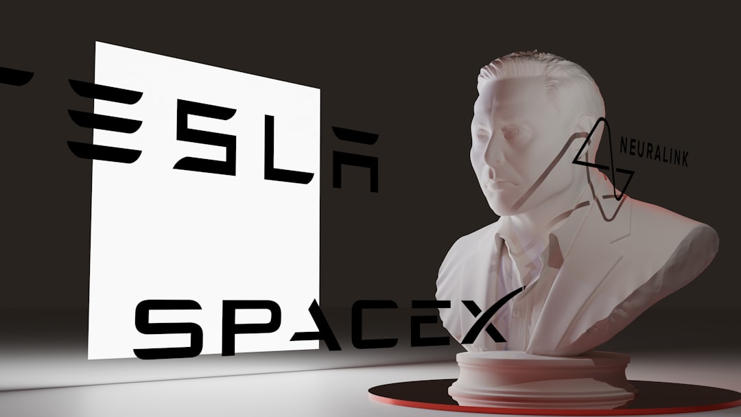 White bust of a man with tesla and spacex logos.