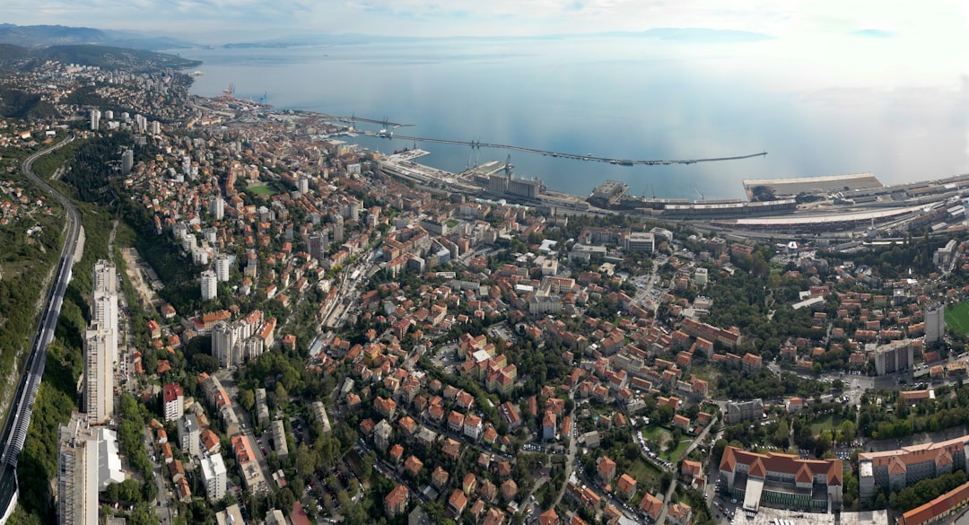 an aerial view of a city and a body of water