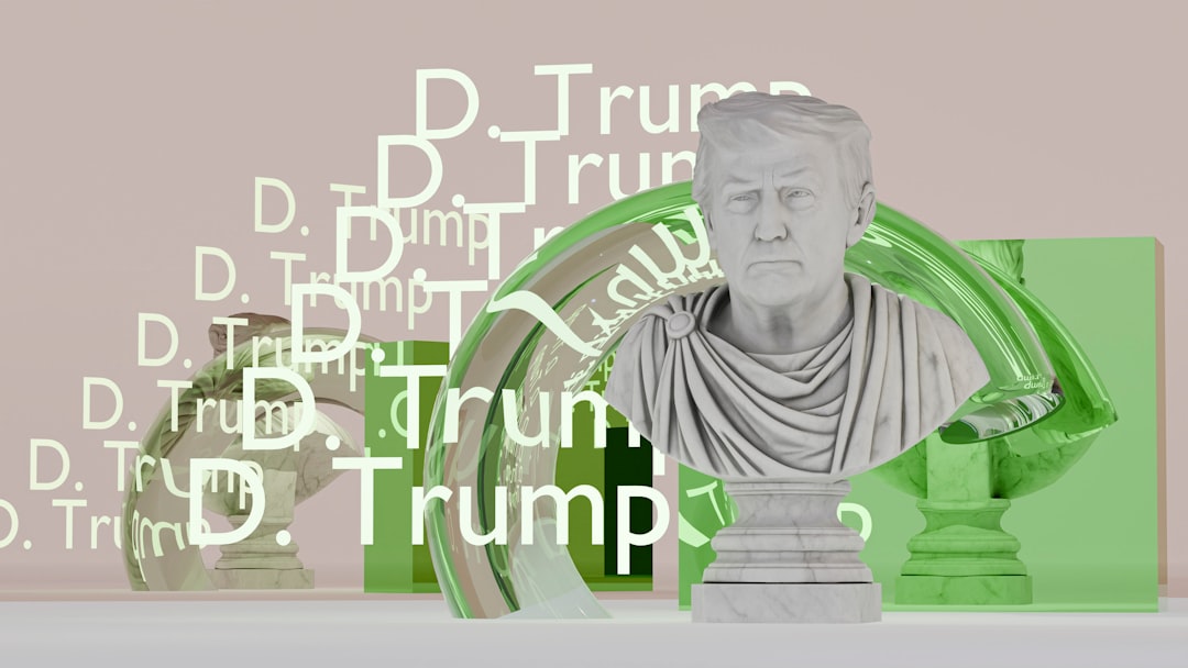 Roman-style bust of trump with green abstract elements and text