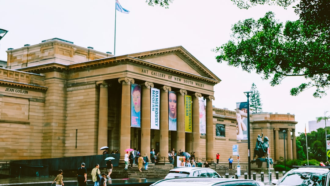 Art museum entrance with classical columns and banners