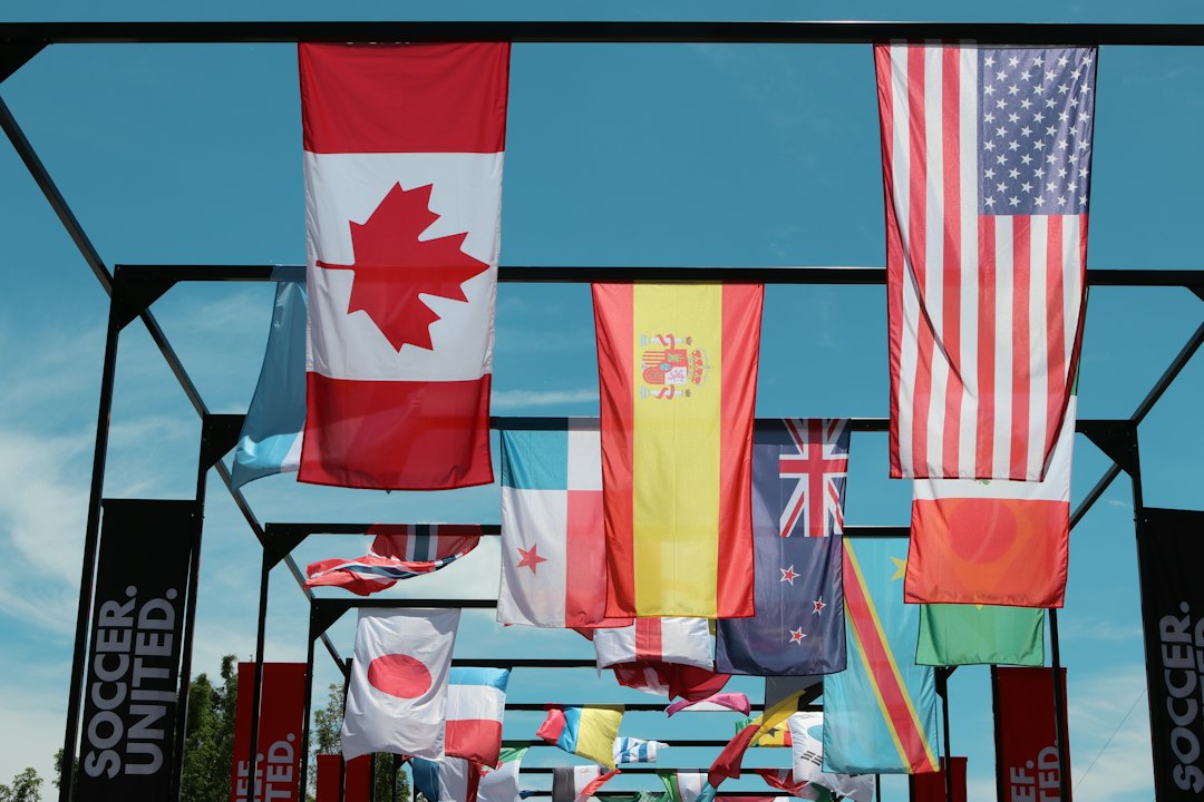 Many national flags suspended from a metal frame outdoors