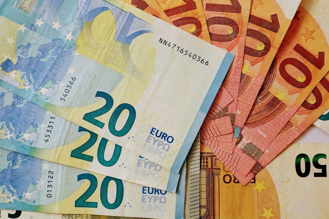 Close-up of euro banknotes, including 20 and 10 euro bills