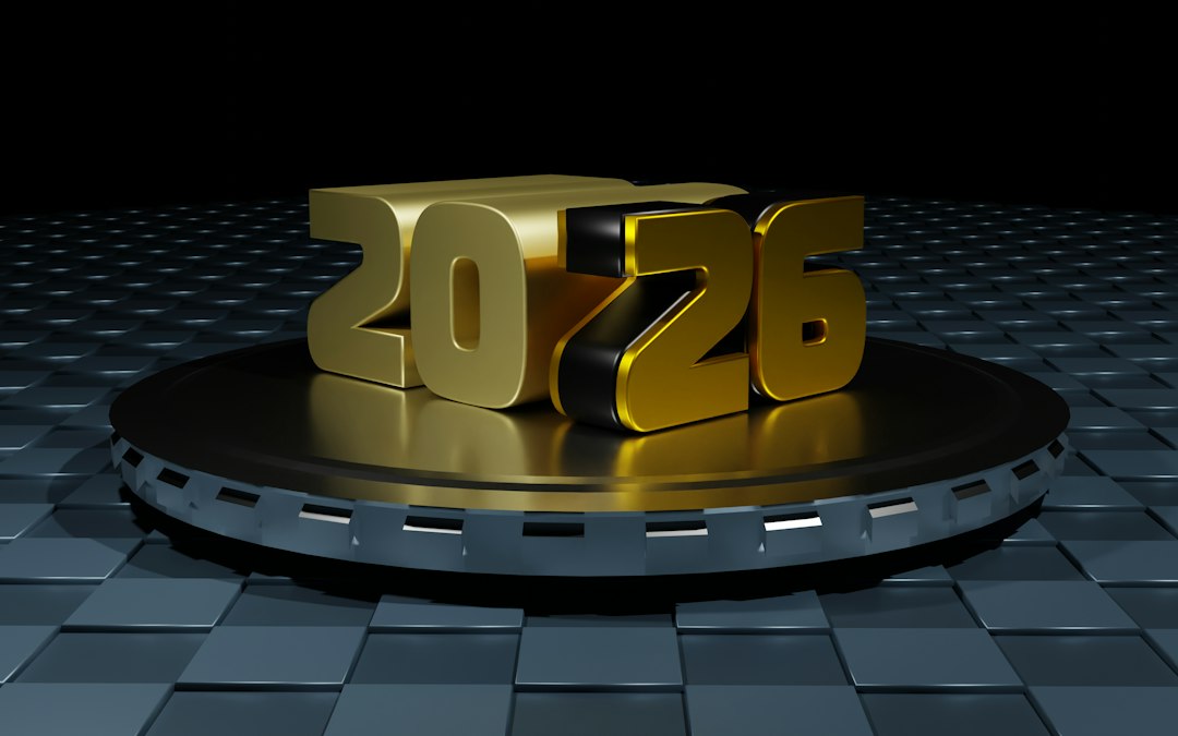 Golden 2026 numbers on a metallic platform