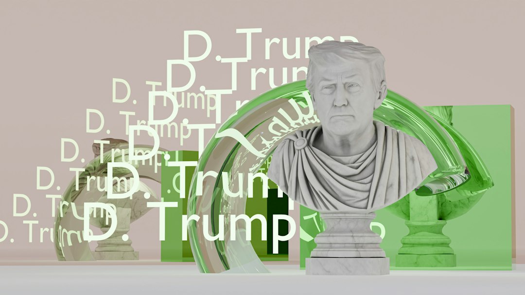 Roman-style bust of trump with green abstract elements and text